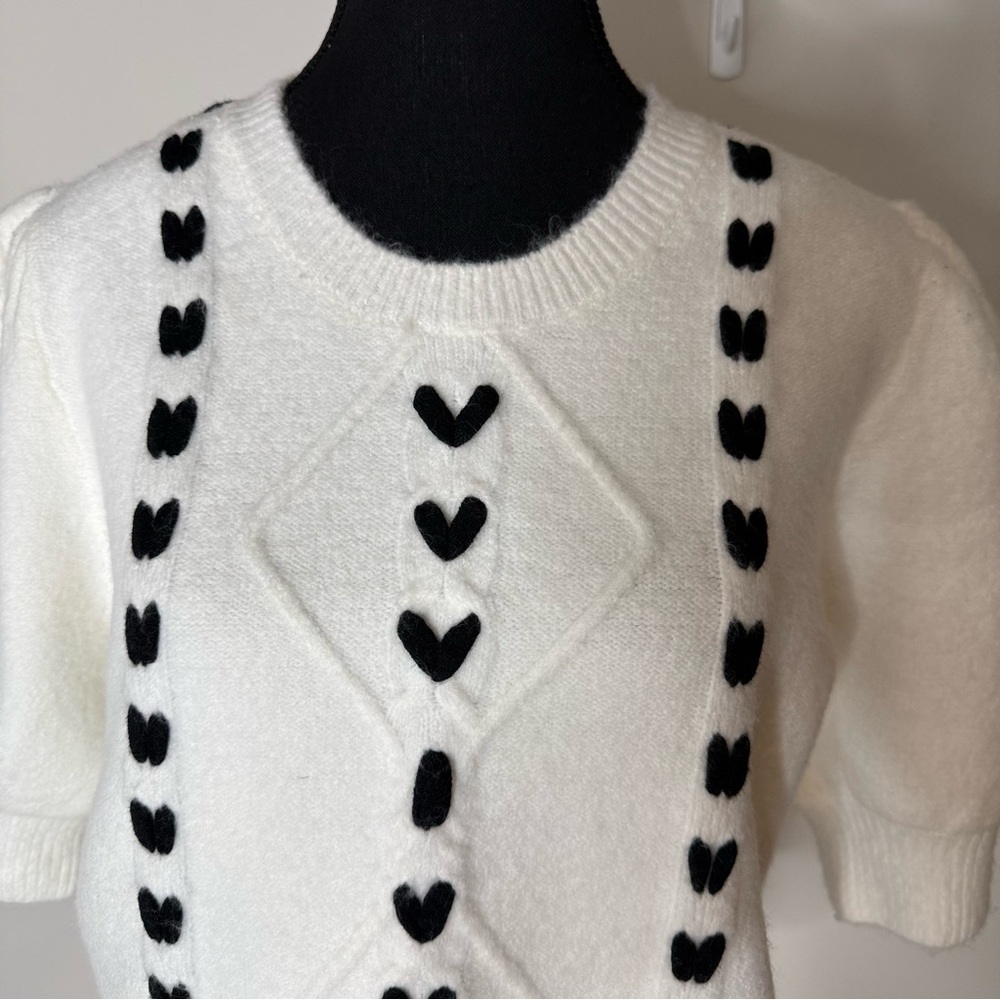 ELLEN TRACY New Puff Short Sleeve White Black Heart Crop Knit Sweater Sz Large - Picture 6 of 11